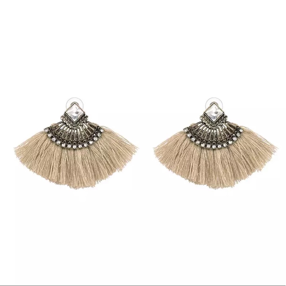 (7 colors) Rhinestone Fan Fringe Earrings - Picture 2 of 8